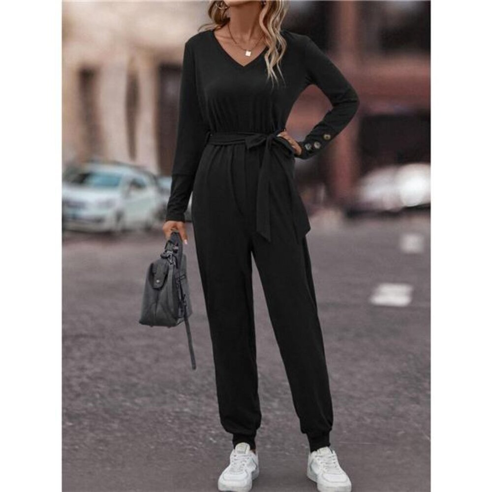 V-Neck Long Sleeve Tie Waist Jumpsuit
